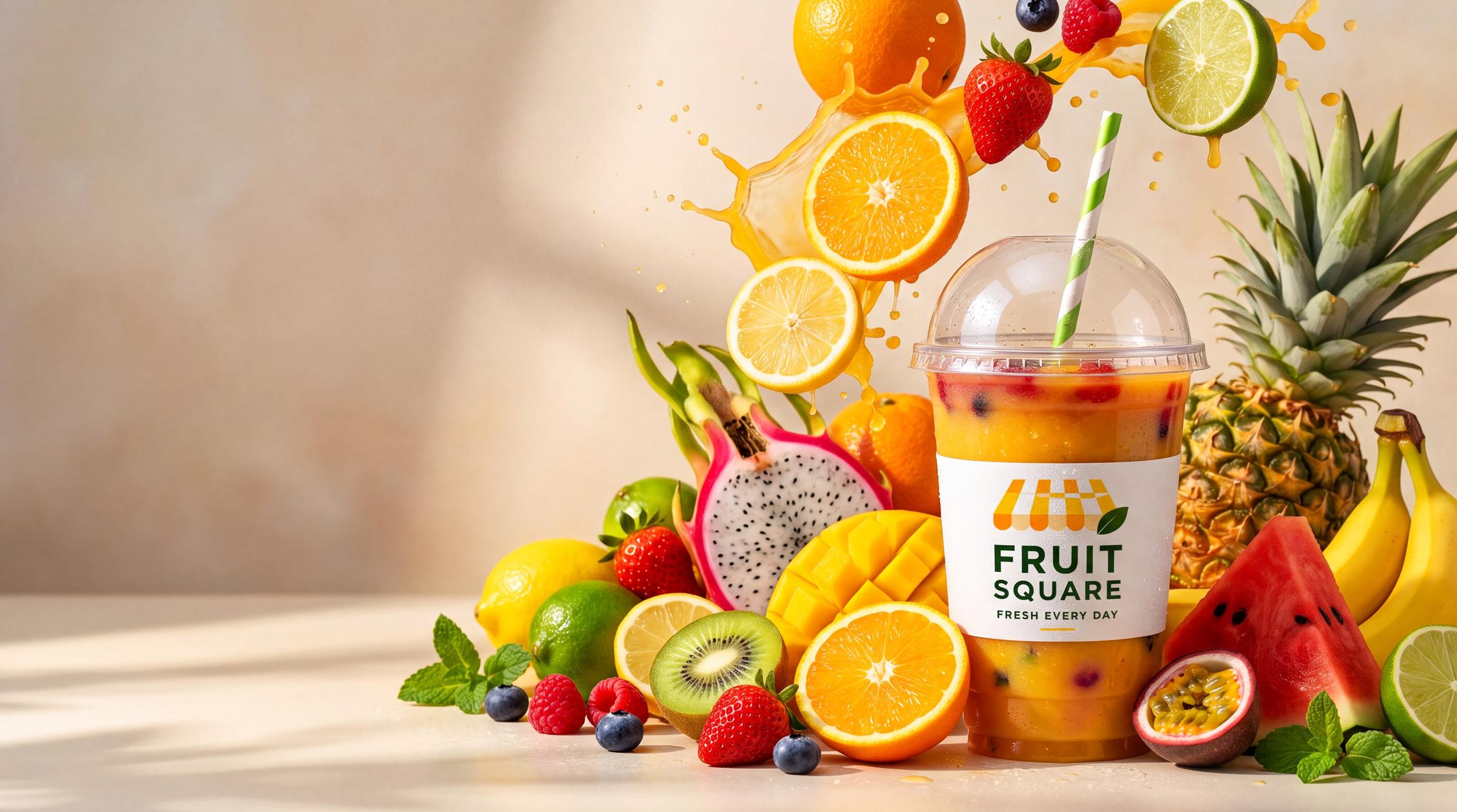 Fruit Square smoothie cup surrounded by fresh oranges, strawberries, berries, kiwi, mango, pineapple, dragon fruit, passion fruit, watermelon, bananas, citrus and mint with a fresh juice splash in warm morning sunlight